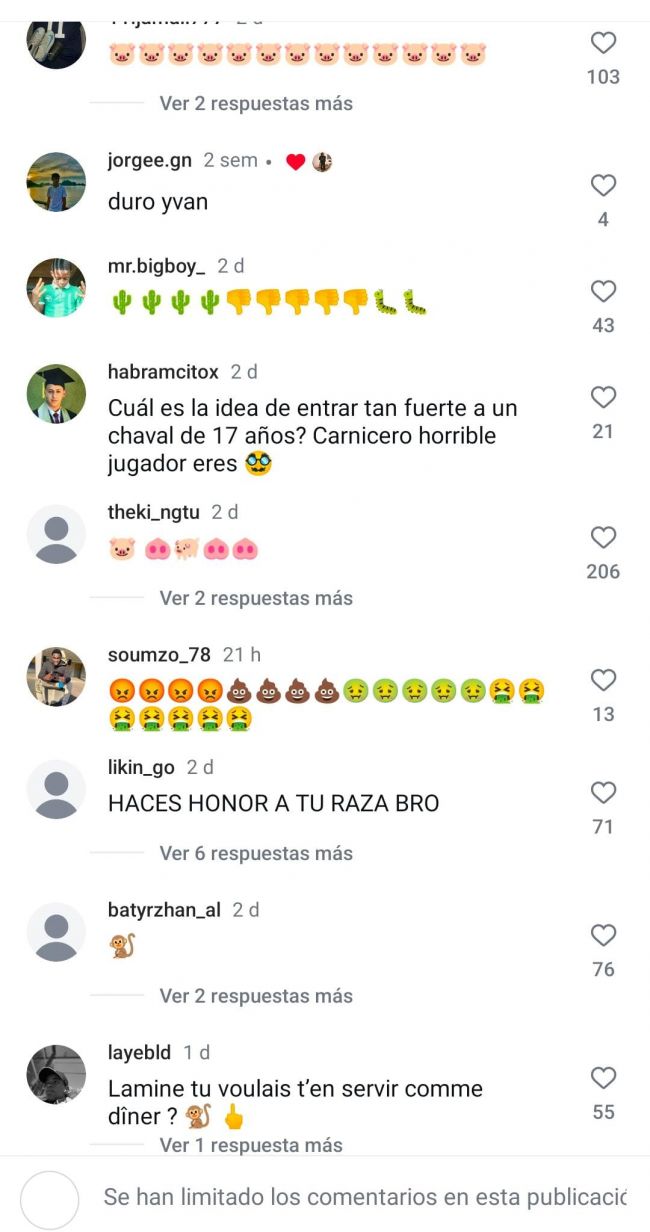 라민 야말에게 태클을 걸어 부상을 입힌 선수 이반 네유가 인종차별적 모욕을 당하고 있다.